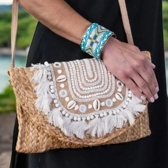 Indian 🫶 Artisan Braided Jute Straw Fringed Boho Chic Clutch Sling Bag - Picture 9 of 9